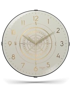 Exclucive Compass Serisi Bombeli Cam Yaldızlı Ev ve Ofis Duvar Saati 35 cm Krem