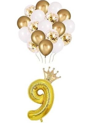 9 Rakam Folyo Balon, Kral Tacı ve Konfetili Balon