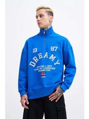 Machinist Erkek High Neck Printed Polo Sweatshirt Açık Mavi