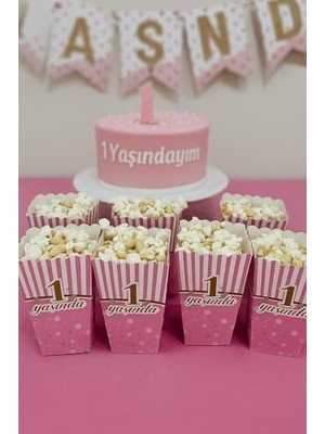 1 Yaş Doğum Günü Pembe Popcorn Kutusu, 8 Adet, Çizgili ve Puantiyeli Tasarım, Parti Süslemesi