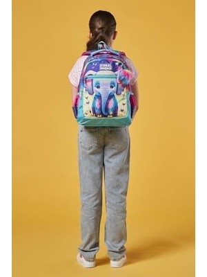 Pembe Turkuaz Fil Desenli Kız Çocuk Ilkokul Çantası ve Günlük Sırt Çantası