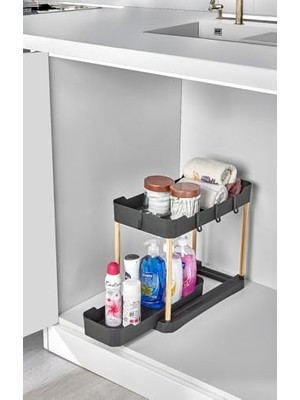 Sev Plastik Iki Katlı Dolap Içi/tezgah Üstü Fonksiyonel Organizatör Ahşap Ayaklı Siyah