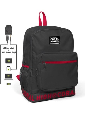 Nakış Logolu USB Şarjlı Kulaklık Çıkışlı Koyu Gri Sırt Çantası 24105