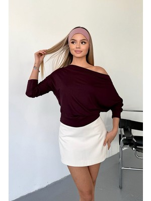 Giysa Kadın Asimetrik Yaka Uzun Kollu Basic Bluz Mürdüm – 26K 2536