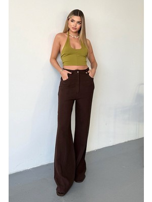 Jee Lee Kadın Cep Detaylı Bol Paça %100 Pamuklu Pantolon Kahverengi - 26Y 4025
