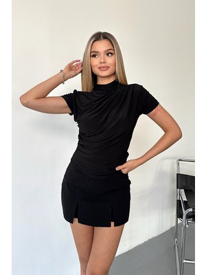 Giysa Kadın Dik Yaka Büzgü Detaylı Bluz Siyah - 25Y 2417