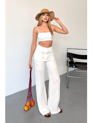 Jee Lee Kadın Cep Detaylı Bol Paça %100 Pamuklu Pantolon Beyaz - 26Y 4025