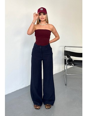 Jee Lee Kadın Cep Detaylı Bol Paça %100 Pamuklu Pantolon Lacivert - 26Y 4025