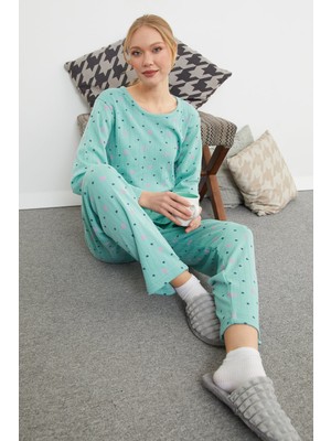 FullaModa Büyük Beden Kalp ve Yıldız Desenli Pijama Takımı