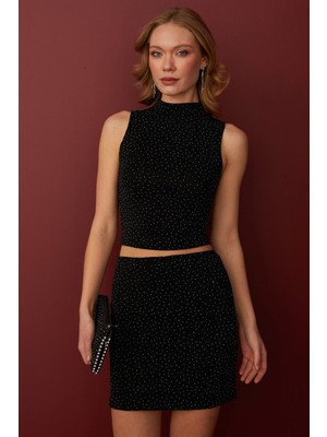 FullaModa Taşlı Simli Dik Yaka Bluz