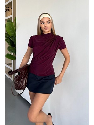 Giysa Kadın Dik Yaka Büzgü Detaylı Bluz Mürdüm - 25Y 2417