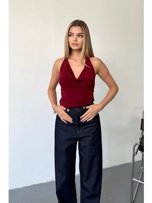 Giysa Kadın Degaje Yaka Kolsuz Basic Bluz Bordo - 25Y 2450