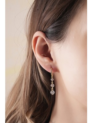 Sunshine 925 Ayar Gümüş, Gold Kaplamalı Özel Tasarım Sallantılı ve Taşlı Küpe