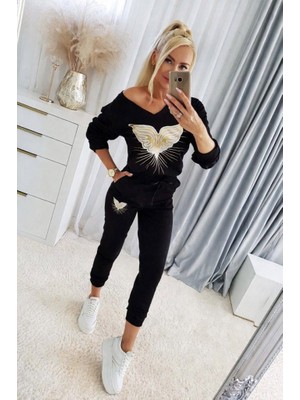 Gökyüzü Moda Kadın Uzun Kollu V Yakalı Desenli Viskon Iki Iplik Bluz ve Pantolon Ikili Takım