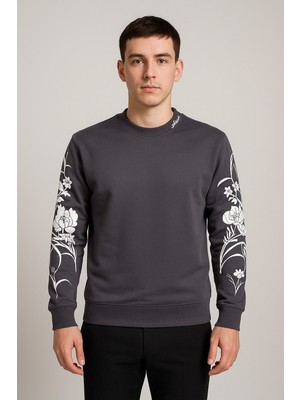 Yusgos Unisex Erkek/kadın Kol Baskılı Pamuklu Sıfır Yaka Sweatshirt