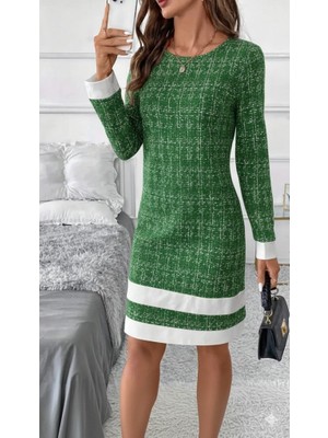 Dua Giyim Kadın Uzun Kollu Yuvarlak Yaka Etek Ucu Şerit Detaylı Mini Dokuma Elbise