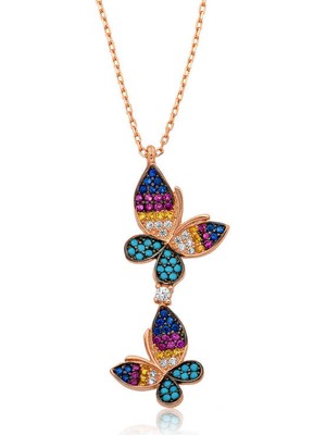 Costurera 925 Ayar Gümüş Rose  Çift Kelebek Kadın Gümüş Kolye