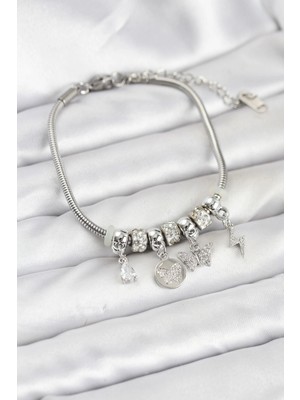 Butik Pirinç Gümüş Renk Kelebek Charmlı Kadın Bileklik