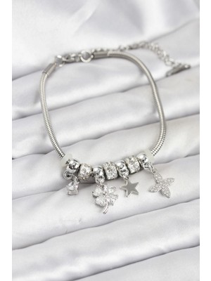 Butik Gümüş Renk Pirinç Yonca Charmlı Kadın Bileklik