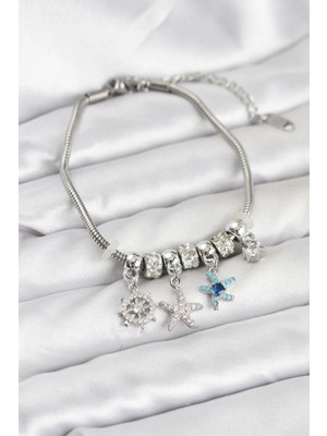 Butik Pirinç Gümüş Renk Deniz Tema Charmlı Kadın Bileklik