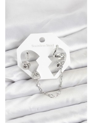 Butik Pirinç Gümüş Renk Yılan Model Zincir Bağlantılı Ear Cuff Küpe Seti