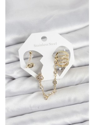 Butik Pirinç Gold Renk Sarmal Model Zincir Bağlantılı Ear Cuff Küpe Seti