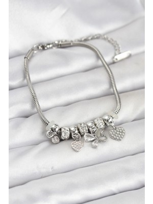 Butik Kelebek Charmlı Gümüş Renk Kadın Bileklik