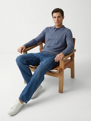 LTB Uzun Kollu Polo Yaka Önü Düğmeli Mavi Kazak