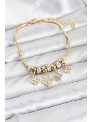 Butik Pirinç Gold Renk Yonca Model Kadın Bileklik