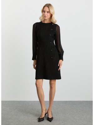 Selen Yuvarlak Yaka Desenli Siyah Standart Kadın Elbise 25KSL7710