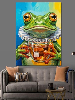 Tablomega Çay İçen Yeşil Kurbağa Dekoratif Kanvas - Mdf Ahşap Tablo