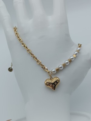 Lagül Aksesuar 316L Çelik Kararmaz Paslanmaz Inci ve Kalp Detaylı Gold Bileklik