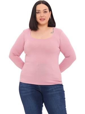 Disentis Modest Büyük Beden U Yaka Uzun Kollu Viskon Pembe Body