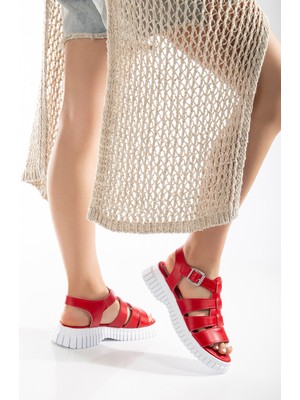 Tonny Black Kadın Kırmızı Kalın Poli Taban Bilekten Bağlamalı Üç Bantlı Sandalet