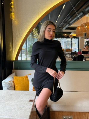 Kadın Uzun Kollu Balıkçı Yaka Omuz Katlamalı Dalgıç Kısa Elbise