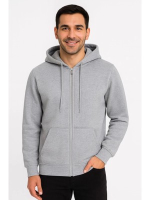 Erkek Üç Iplik Kapüşonlu Tam Fermuarlı Kanguru Çepli Sweatshirt Hoodie - Gri