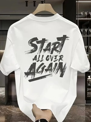 Baskılı Oversize Bisiklet Yaka T-Shirt - Beyaz