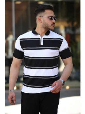 Erkek Yakalı Fermuarlı Çift Renk Kısa Kollu T-Shirt