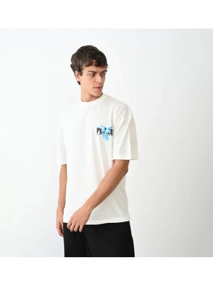 Unisex Bisiklet Yaka Baskılı Oversize T-Shirt - Beyaz