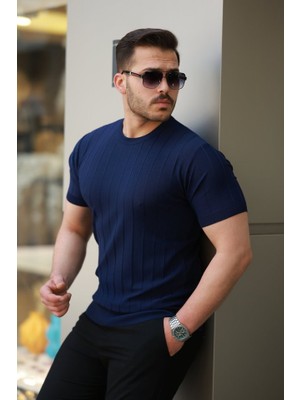 Erkek Kısa Kollu Bisiklet Yaka Çizgili Triko Tişört