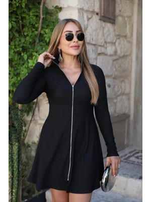 Kadın Uzun Kollu Hakim Yaka Ayarlanabilir Fermuar Dekolteli Mini Elbise