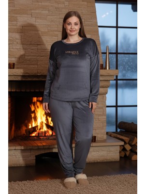 Remsa Büyük Beden Kadın Kadife Pijama Takımı 25391 Antrasit