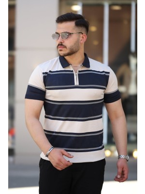 Erkek Yakalı Fermuarlı Çift Renk Kısa Kollu T-Shirt