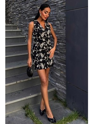 Nakışlı Yelek Şort Etekli Keten Takım 10226-08