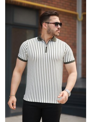 Erkek Çizgili Fermuar Yakalı Kısa Kollu Tişört