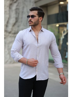 Erkek Çizgi Desenli Uzun Kollu Pamuklu Keten Gömlek