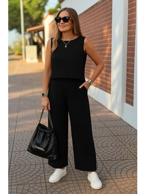 Kadın Sıfır Kollu Bisiklet Yaka Arkadan Bağlamalı AER8BIN Bluz ve Pantolon Ikili Takım