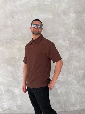 Yakalı Patlı Kısa Kol T-Shirt - Kahverengi