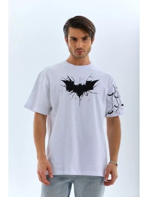 Unisex Ön ve Kol Baskılı Oversize T-Shirt - Beyaz