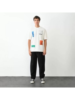 Unisex Bisiklet Yaka Baskılı Oversize T-Shirt - Beyaz